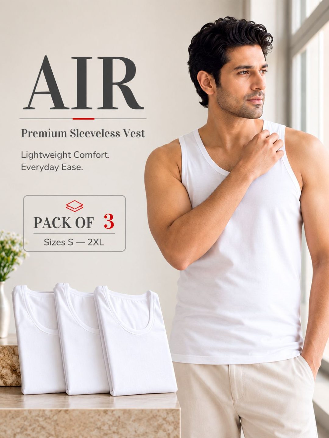 Air – Premium Sleeveless Vest, Pack Of 3